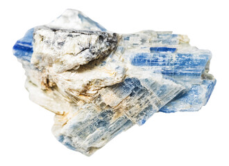 close up of sample of natural stone from geological collection - raw blue kyanite crystals in rock isolated on white background