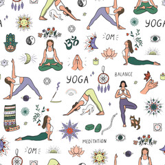 Yoga meditation elements vector seamless pattern. - 765831754