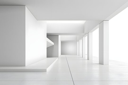  A modern, empty white space with lots of natural light and a stunning abstract architecture backdrop.A deserted hallway rendered in 3D,white corridor with columns