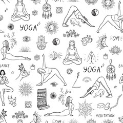 Yoga meditation elements vector line seamless pattern.
