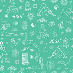 Yoga meditation elements vector line seamless pattern. - 765831949