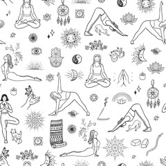 Yoga meditation elements vector line seamless pattern. - 765831953