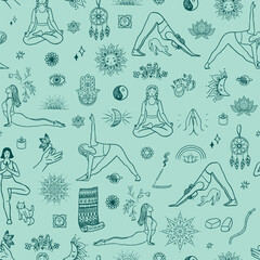Yoga meditation elements vector line seamless pattern. - 765831969