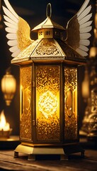 Powerful, detailed lantern, digital illustration, real, 3D, golden colored lantern with a yellow flame with white and golden details, on each side of the lantern there are detailed and large wings, lu - obrazy, fototapety, plakaty