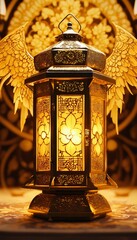 Powerful, detailed lantern, digital illustration, real, 3D, golden colored lantern with a yellow...