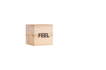 wooden cubes with the inscription Feel on a white isolated background close-up
