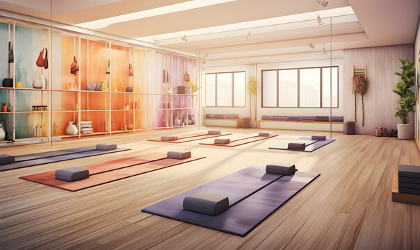 Wellness or yoga room for regular classes. Watercolor painting style.