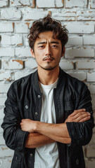 Portrait of Asian attractive man against background of white brick wall