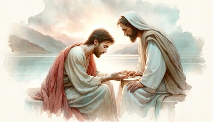 The Incredulity of Saint Thomas. Doubting Thomas. Jesus showing his crucifixion wounds. Digital painting.
