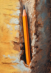 A pencil is shown on a wall with a brown background. The pencil is long and thin, with a black tip....