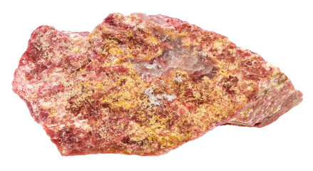 close up of sample of natural stone from geological collection - raw thulite mineral isolated on white background from Norway