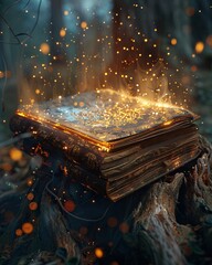 Magic spellbook, enchanted pages, glowing runes, Emitting Magical Sparks and Light in a Mystical Forest starry night