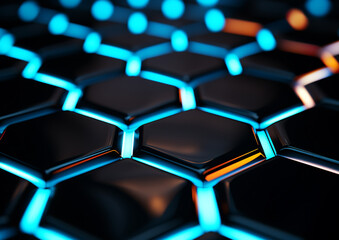 Fototapeta premium The hexagonal shapes are tightly fitted together to create a futuristic honeycomb pattern,accentuated by neon blue lighting around the edges.Each hexagon has a reflective surface.AI generated.