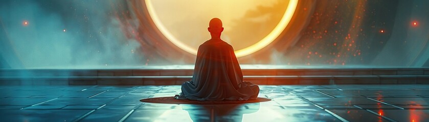 Silhouetted Figure in Meditation at Sunset, Experiencing Tranquility and Inner Peace in a Zen Reflection - obrazy, fototapety, plakaty