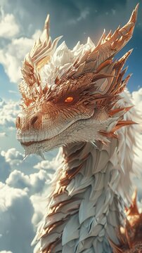 Majestic Dragon with Golden Scales and Fierce Gaze Dominating the Sky, A Mythical Creature of Fantasy Art