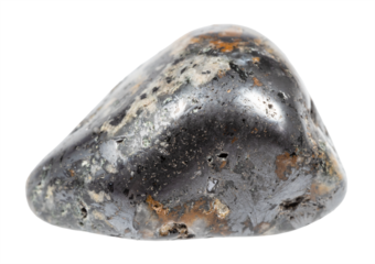 close up of sample of natural stone from geological collection - tumbled cleiophane and mushketovite rock isolated on white background from Karelia