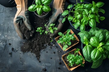 Gardeners hands in gloves tenderly handling young basil plants in various growth stages, showcased on a dark surface with scattered soil. Home Gardening - Basil Seedlings Growth Stages