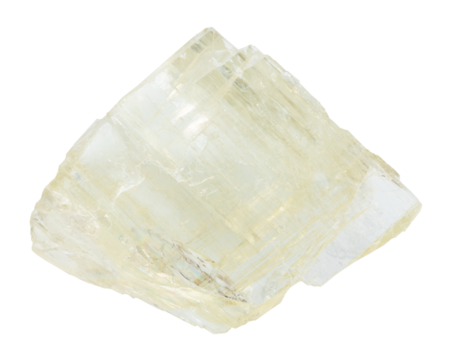 close up of sample of natural stone from geological collection - raw spodumene mineral isolated on white background from Brazil