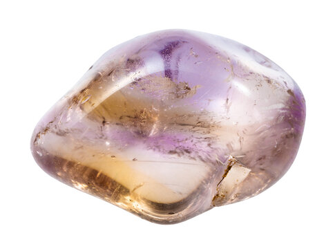 close up of sample of natural stone from geological collection - tumbled ametrine mineral isolated on white background from Brazil