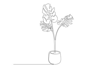 Continuous Line Drawing Of Plant In Pot. One Line Of Plant For Decorative. Plant In Pot Continuous Line Art. Editable Outline.
