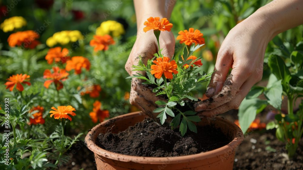 Canvas Prints Hands delicately planting marigolds in a terra cotta pot.