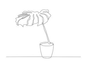 Continuous Line Drawing Of Plant In Pot. One Line Of Plant For Decorative. Plant In Pot Continuous Line Art. Editable Outline.