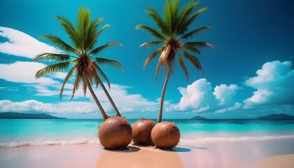 A palm tree, coconuts on the sandy beach