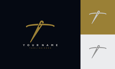 Initial letter t sewing logo formed from thread and needle with gold colour