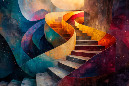 This image features a mesmerizing staircase that intertwines day and night in a seamless, abstract design, evoking a dream-like Escheresque illusion.