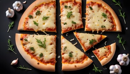 Garlic pizza bread with cheese and herbs on black background