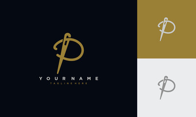 Initial letter p sewing logo formed from thread and needle with gold colour