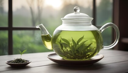 green tea in a beautiful glass pot - obrazy, fototapety, plakaty