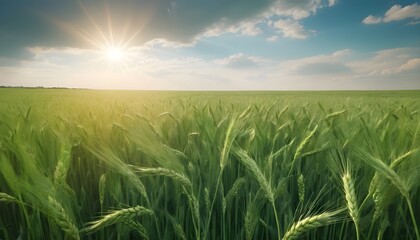 Green wheat field under sky - obrazy, fototapety, plakaty