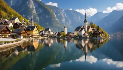 Spectacular view of village reflecting in mountain lake