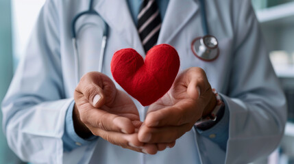 A red fabric heart cradled in the hands of a healthcare professional with a stethoscope.