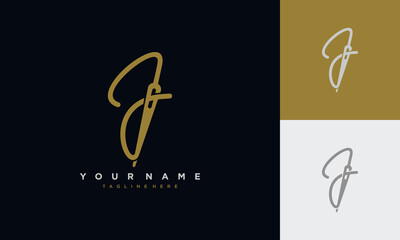Initial letter j sewing logo formed from thread and needle with gold colour