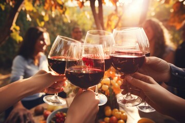 Group of friends gathering for wine tasting in countryside vineyard in summer harvesting season cheering and toasting with friendship comeliness - obrazy, fototapety, plakaty