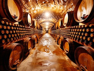 Winery cellar, the air filled with the intoxicating aroma of fermenting grapes, hinting at the...