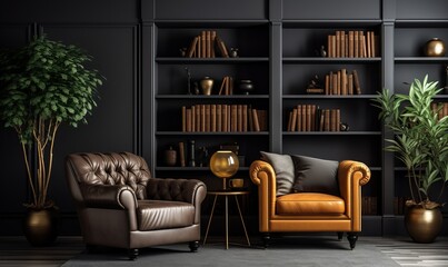 For home and office, modern interior design features upholstered furniture and interior details against a classic dark wall.