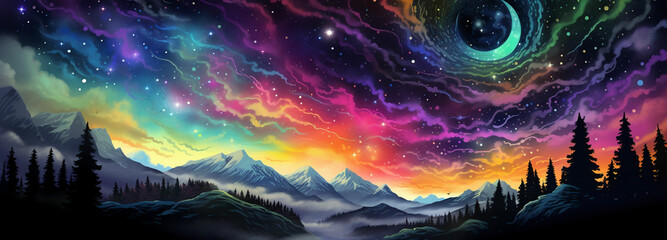 Illustrate a nighttime sky filled with stars a crescent moon and a rainbow colored aurora borealis This can be a beautiful and imaginative coloring experience - Powered by Adobe