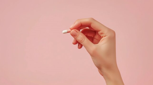 Close-up of a woman's hand fingers delicately pinching a pink and white capsule pill, with a soft pastel pink backdrop, copy space.