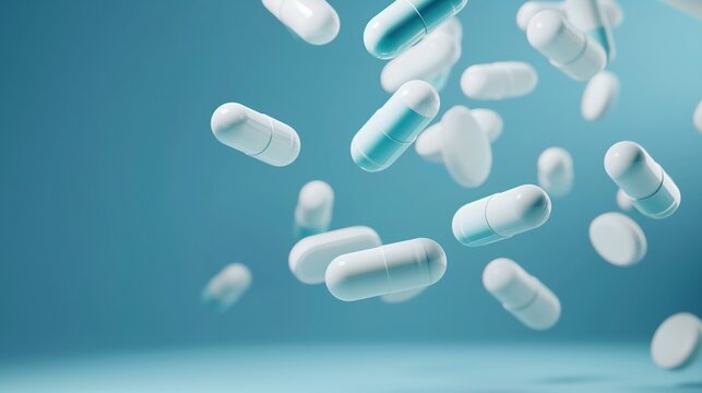 Pills falling on blue background with copy space. Defocused bokeh background.