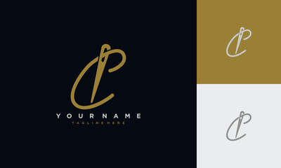 Initial letter c sewing logo formed from thread and needle with gold colour