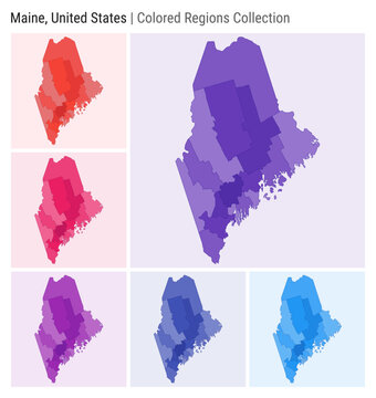 Maine, United States. Map collection. State shape. Colored counties. Deep Purple, Red, Pink, Purple, Indigo, Blue color palettes. Border of Maine with counties. Vector illustration.