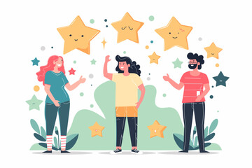 Customer Feedback - Young People Giving Positive Reviews with Rating Stars and Emoticons, User Experience and Satisfaction with Product or Service