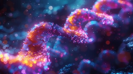 intricate DNA double helix strands illuminated by vibrant colors in a computer simulation - obrazy, fototapety, plakaty