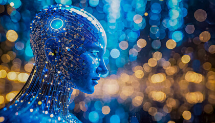 Imagen de un busto representando un humanoide robot con cables visibles en cráneo y cuello y luces brillantes estilo bokeh en azul y dorado, 2024