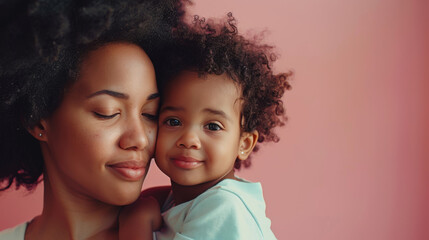 Afro-american Mother and little daughter on pink background, Mother's Day, love family, parenthood, childhood concept. Generative ai