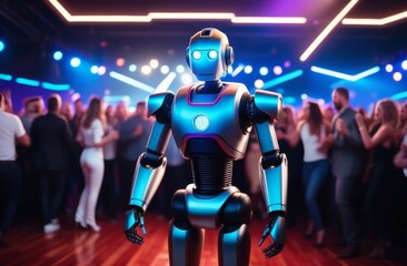 Futuristic party scene with a colorful robot.  Robot plays nightclub during party.