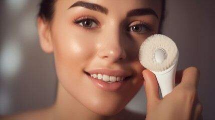 The woman thoroughly cleanses her facial skin using an electric facial brush, ensuring that all impurities are effectively removed for a fresh complexion - obrazy, fototapety, plakaty